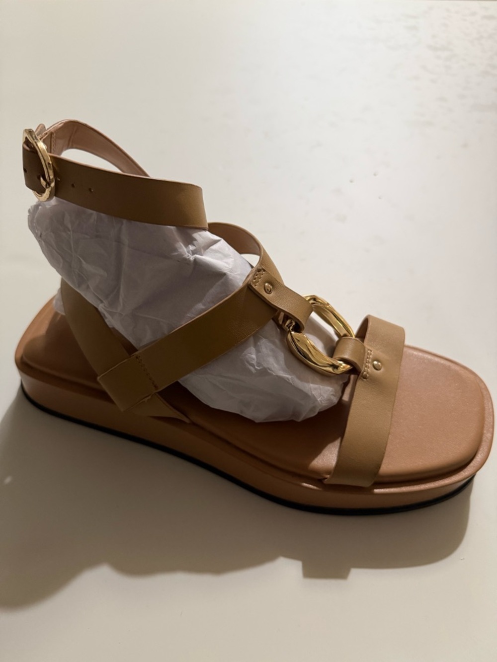 Zara Women's Tan Leather Strap Sandals with Gold Accent